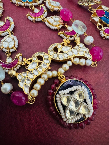 Ahmedabadi Kundan Necklace Set | Semi-Precious Stones | Brass Base | Gold Plated | Silver Foil | Free Shipping | Ships from California